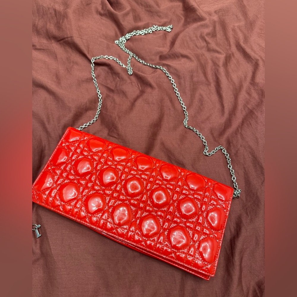 Dior Red Patent Quilted Clutch with Chain